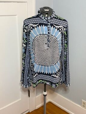 Tory Burch Navy, Light Blue & White Medallion Sunflower Print Cotton Tunic Top